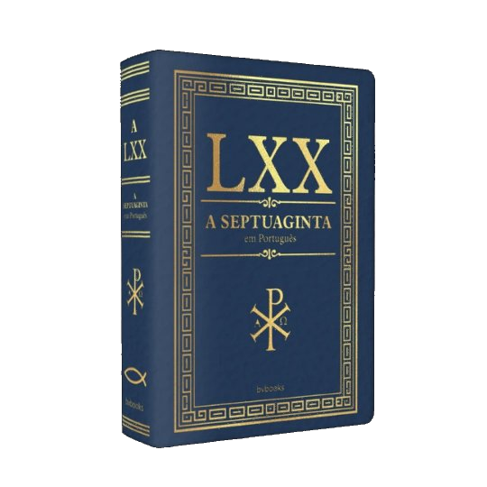 Bíblia Septuaginta LXX em Português - Capa dura azul marinho com detalhes dourados, símbolos Chi-Rho, bordas gregas e lettering em ouro - Editora BV Books